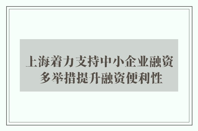 上海着力支持中小企业融资 多举措提升融资便利性