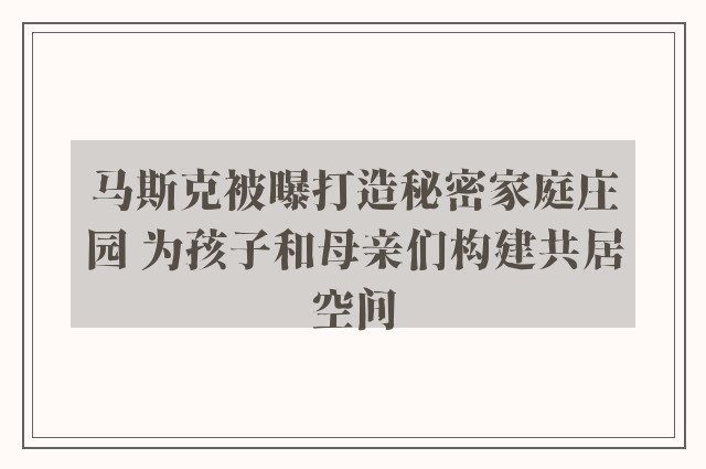 马斯克被曝打造秘密家庭庄园 为孩子和母亲们构建共居空间